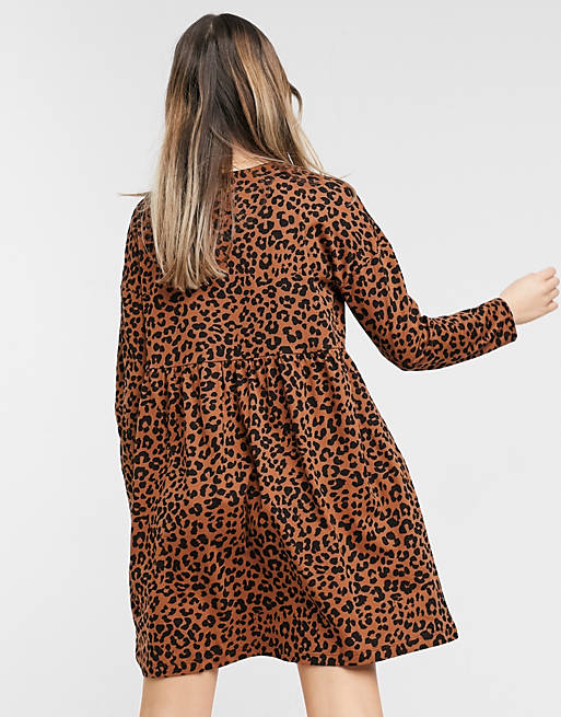 Dresses smock mini dress with long sleeves in leopard print 