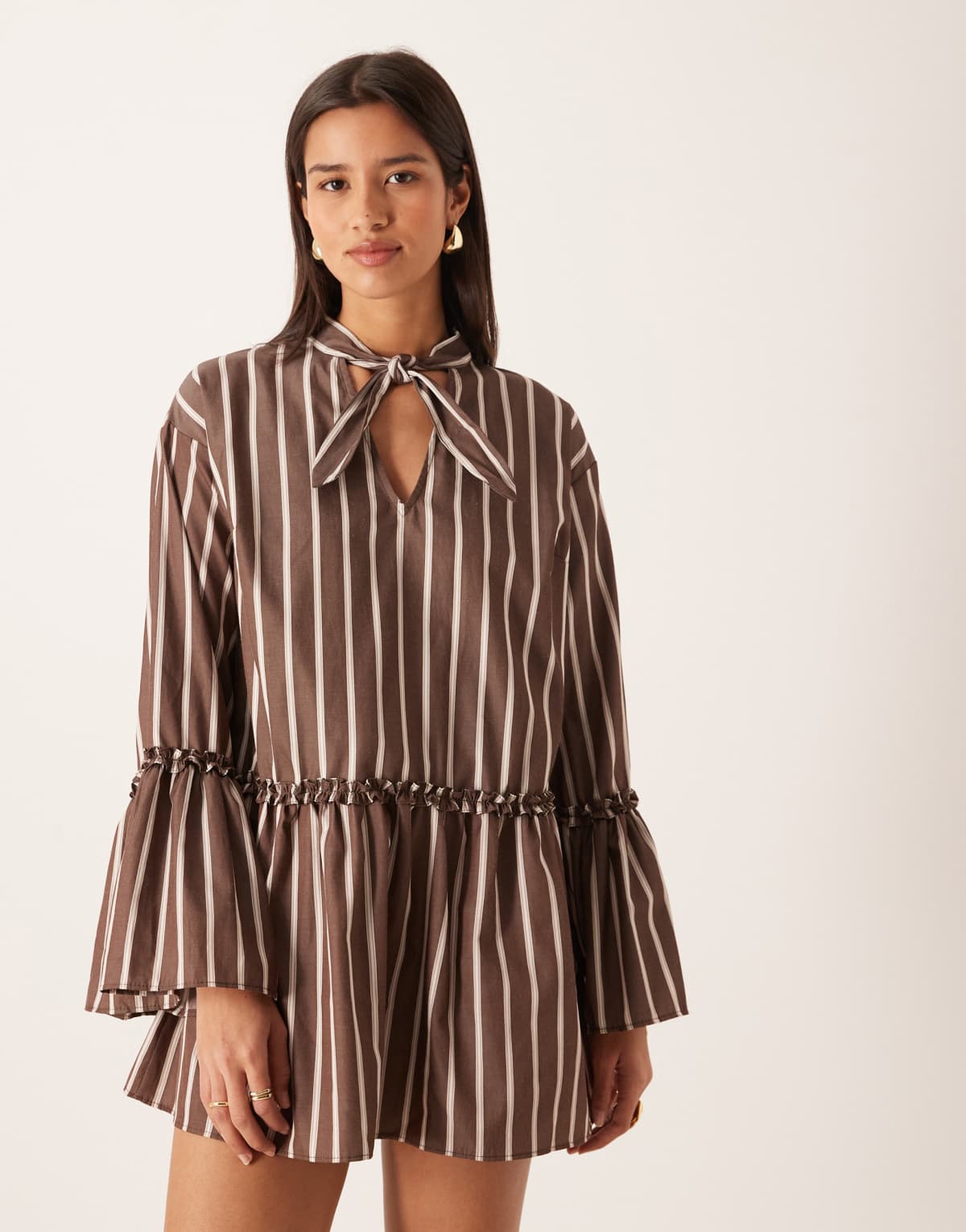 ASOS DESIGN smock mini dress with neck tie in chocolate stripe