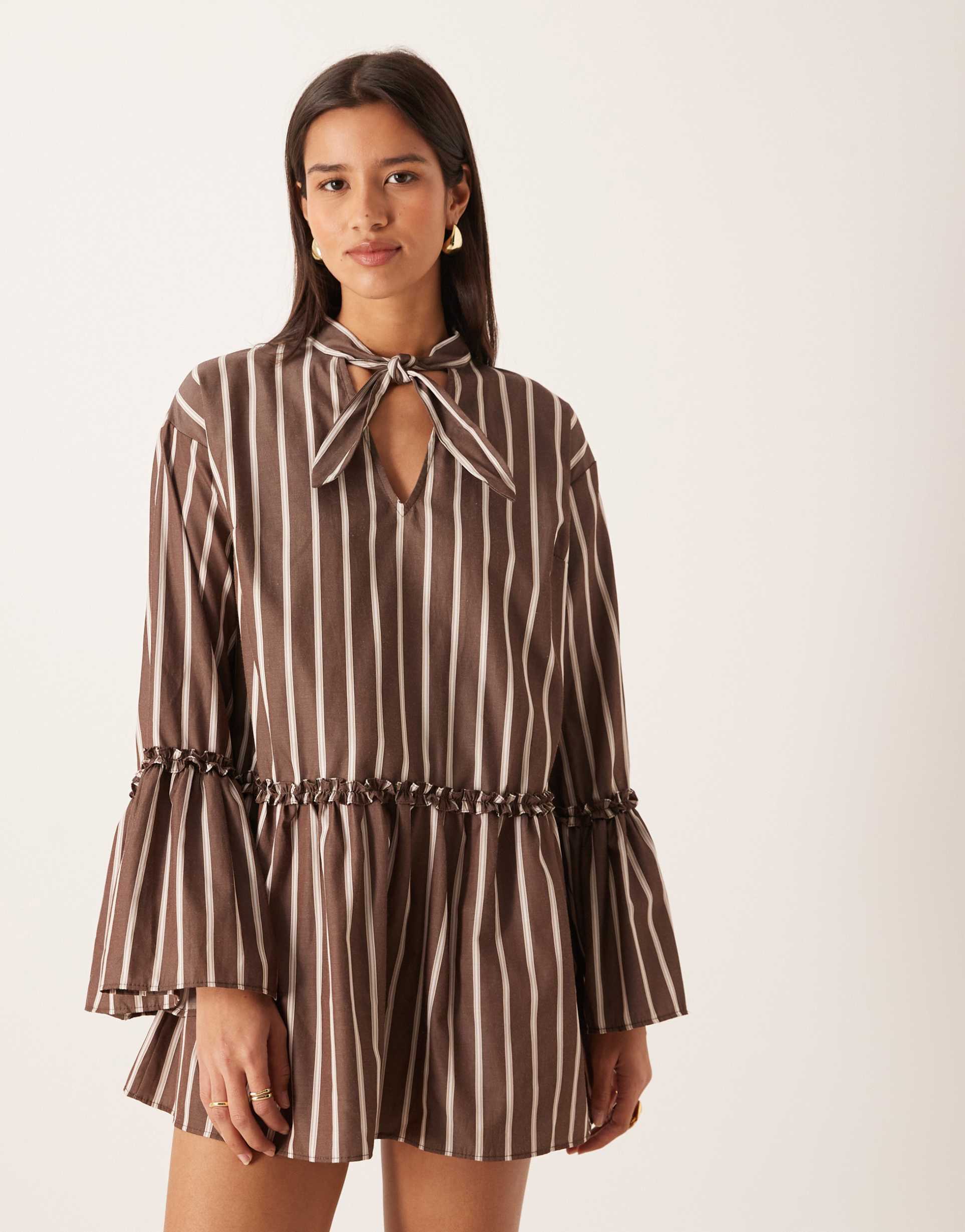asos design smock mini dress with neck tie in chocolate stripe