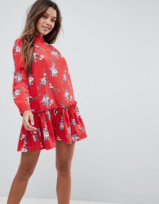 Asos Design Smock Mini Dress With Pep Hem In Red Floral Asos 