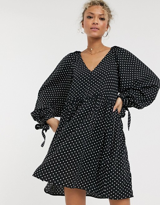 ASOS DESIGN smock mini dress with pleat shoulder detail in mono spot print