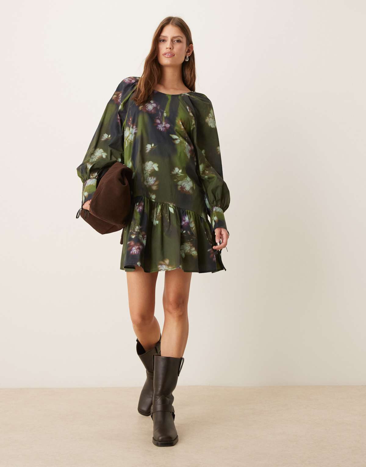 ASOS DESIGN smock mini dress with tie back detail in khaki floral