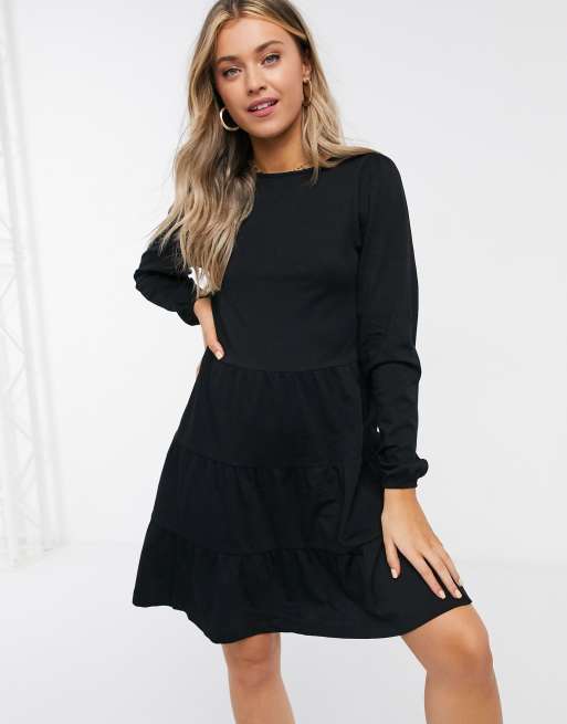ASOS DESIGN smock mini dress with tiered hem and long sleeves in black, 4 of 4