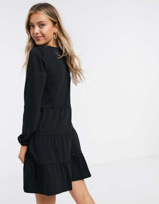 ASOS DESIGN smock mini dress with tiered hem with long sleeves in black, 2 of 4