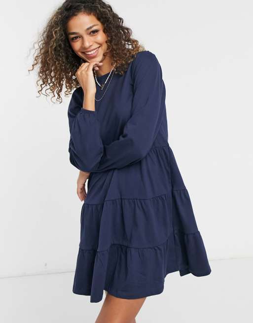 ASOS DESIGN smock mini dress with tiered hem with long sleeves in navy ...