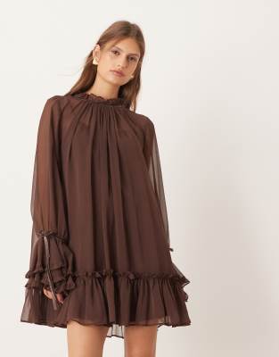 Asos Design Smock Mini Dress With Tiered Ruffle Cuff And Velvet Bows In Brown