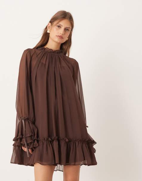 ASOS DESIGN smock mini dress with tiered ruffle cuff and velvet bows in chocolate