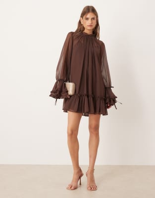 Asos Design Smock Mini Dress With Tiered Ruffle Cuff And Velvet Bows In Brown