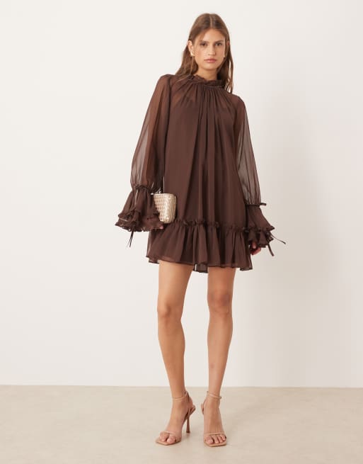 ASOS DESIGN smock mini dress with tiered ruffle cuff and velvet bows in chocolate