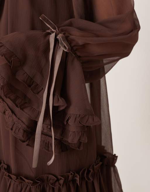 ASOS DESIGN smock mini dress with tiered ruffle cuff and velvet bows in chocolate