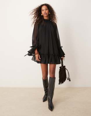 smock mini dress with tiered ruffle cuff & velvet bows in black