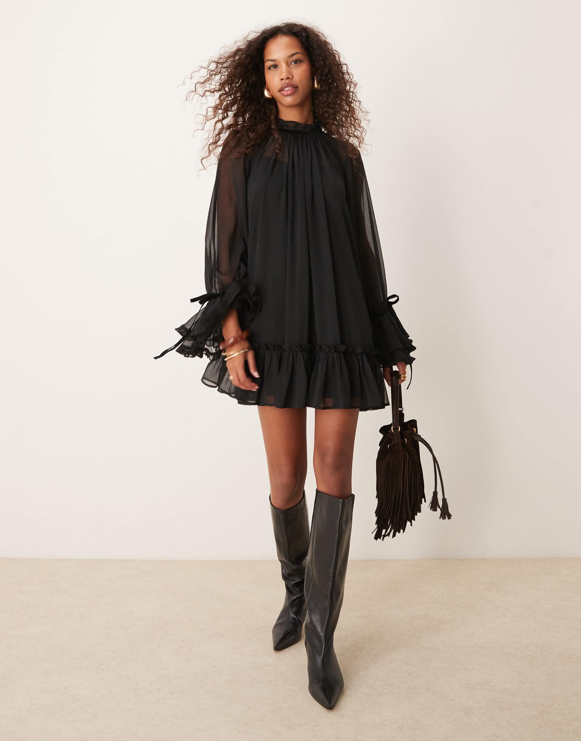 asos design smock mini dress with tiered ruffle cuff & velvet bows in black