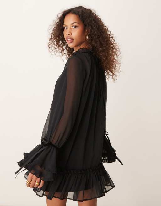 ASOS DESIGN smock mini dress with tiered ruffle cuff & velvet bows in black, 3 of 4