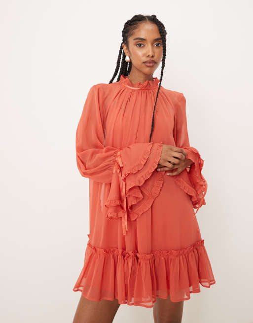 ASOS DESIGN smock mini dress with tiered ruffle cuffs & satin bows in burnt orange
