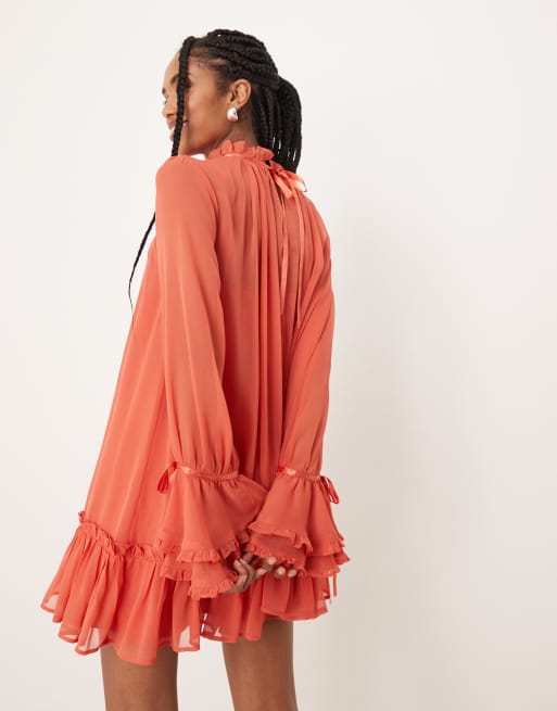 ASOS DESIGN smock mini dress with tiered ruffle cuffs & satin bows in burnt orange