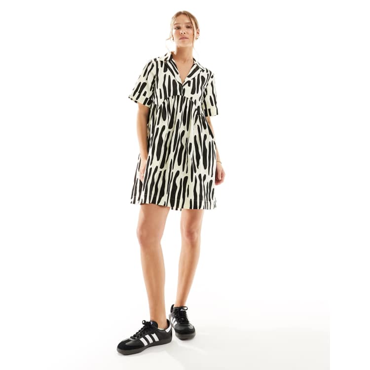 ASOS DESIGN smock mini shirt dress with revere collar mono abstract print