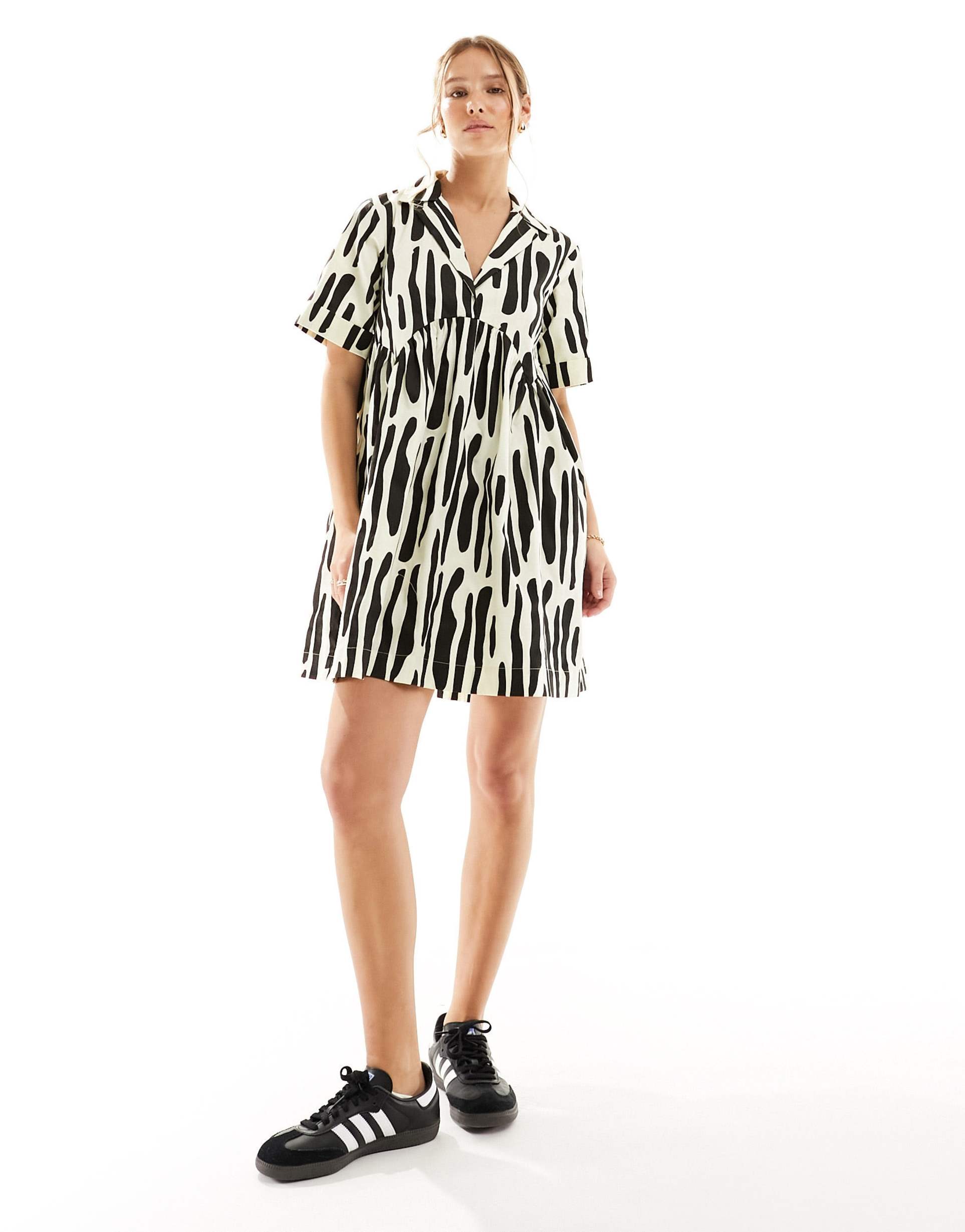 asos design smock mini shirt dress with revere collar mono abstract print