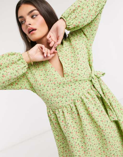 ASOS DESIGN smock oversized mini wrap dress in green ditsy floral