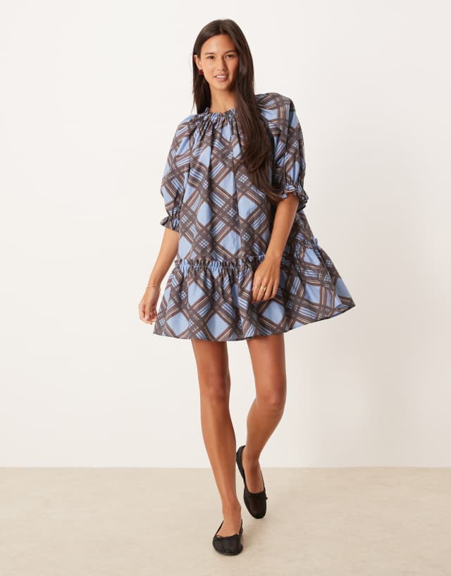 ASOS Design Smock pep Hem Dress in Brown/Blue check-Multi