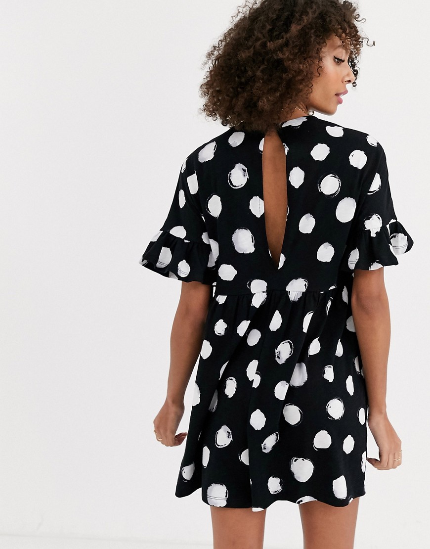 ASOS DESIGN smock playsuit with frill sleeve in mono spot print-Multi