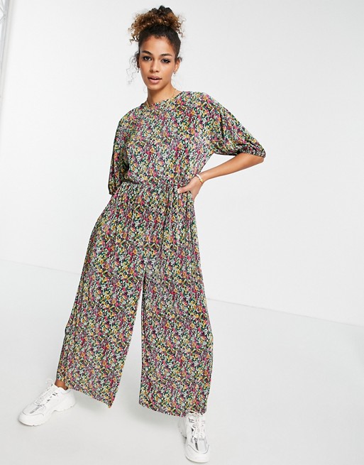 ASOS DESIGN smock plisse jumpsuit in floral print