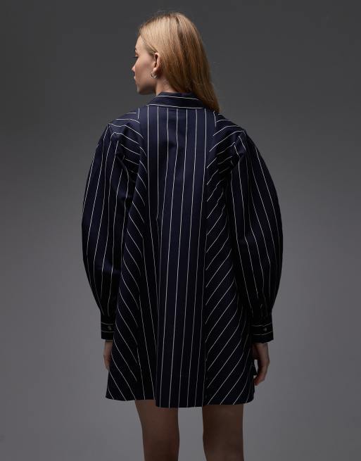 ASOS DESIGN smock shirt mini dress in navy and white stripe, 3 of 4
