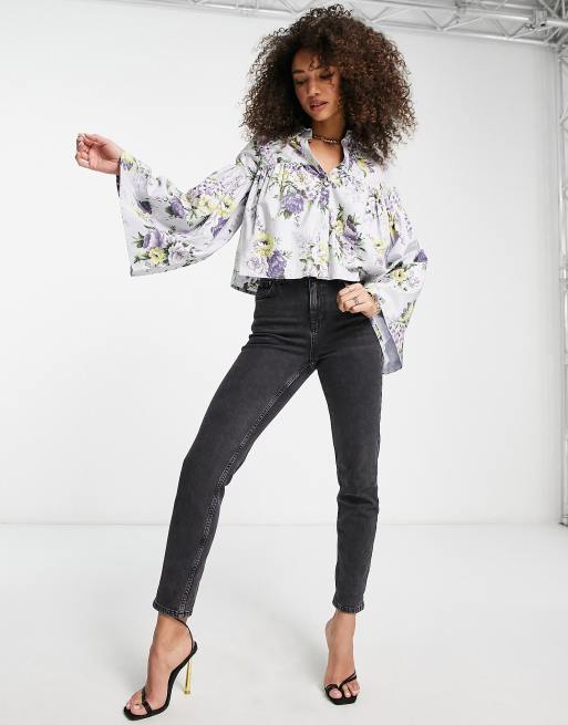 ASOS DESIGN smock shirt with volume sleeve in occasion floral print