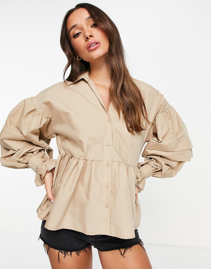 ASOS DESIGN smock shirt with volume sleeve in stone-Neutral