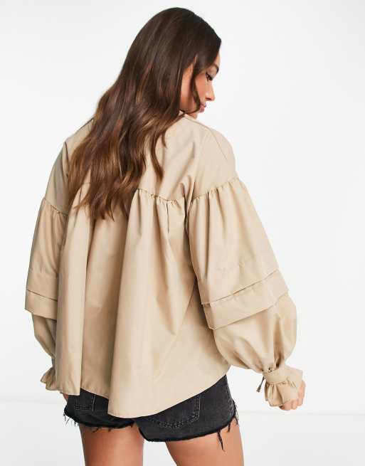 ASOS DESIGN smock shirt with volume sleeve in stone