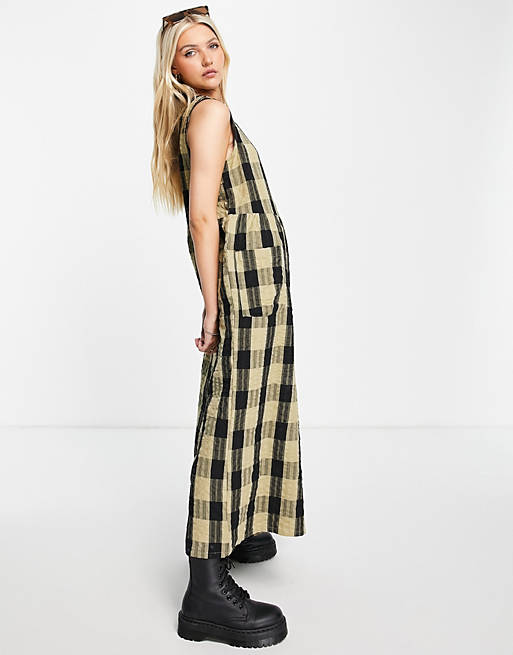  smock sleeveless jumpsuit in green black check 