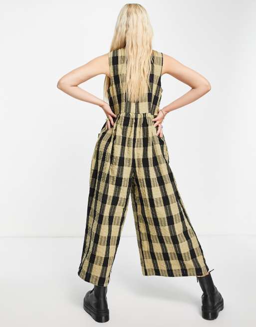 ASOS DESIGN smock sleeveless jumpsuit in green black check