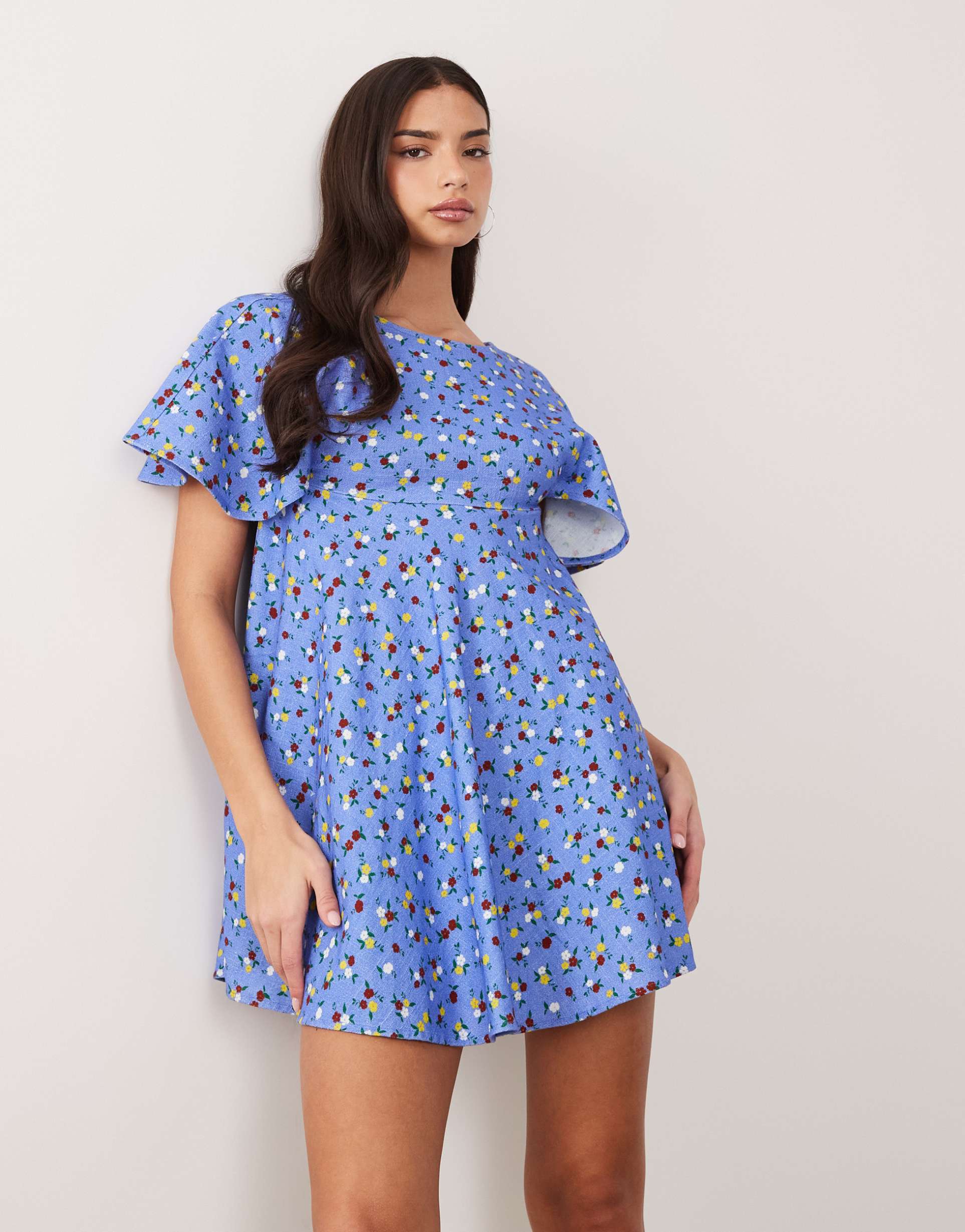 asos design smock t-shirt mini dress in blue ditsy print