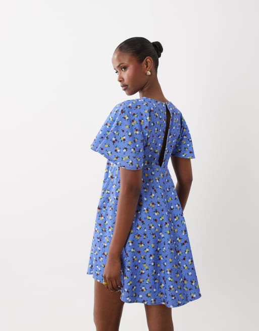ASOS DESIGN smock t-shirt mini dress in blue ditsy print, 3 of 4