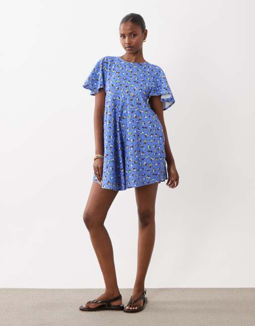 ASOS DESIGN smock t-shirt mini dress in blue ditsy print, 4 of 4