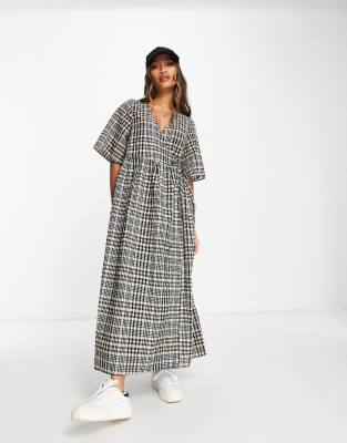 ASOS DESIGN smock tie waist wrap midi dress in dark check  - ASOS Price Checker