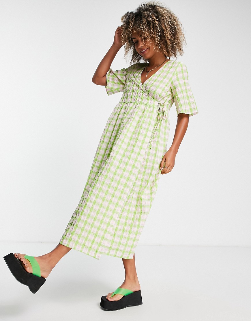 ASOS DESIGN smock tie waist wrap midi dress in green and pink check-Multi