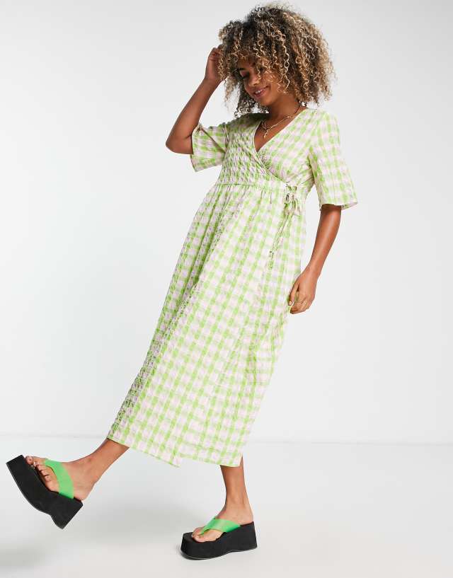 ASOS DESIGN smock tie waist wrap midi dress in green and pink check