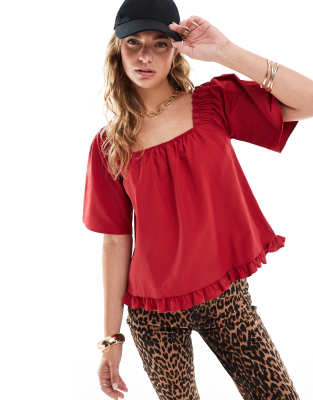 ASOS DESIGN smock top with elasticated neckline in red