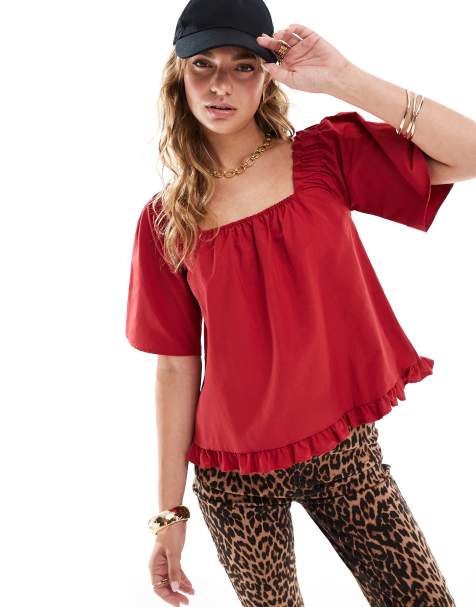 ASOS DESIGN smock top with elasticated neckline in red - view 1