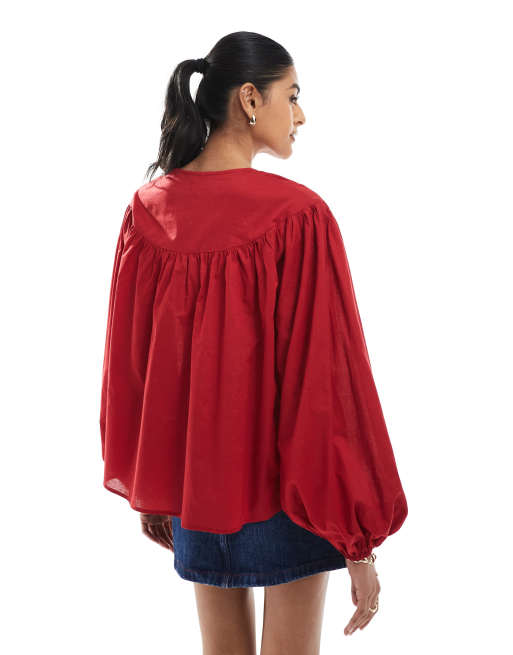 ASOS DESIGN smock top with lace up neck detail in burgundy, 3 of 4