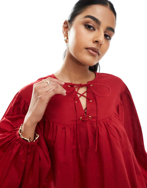 ASOS DESIGN smock top with lace up neck detail in burgundy, 4 of 4