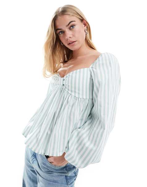 ASOS DESIGN smock top with peplum and blouson sleeve in stripe - view 1
