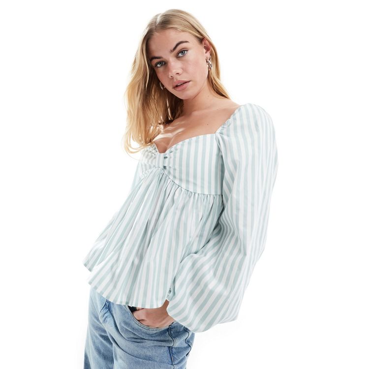 ASOS DESIGN smock top with peplum and blouson sleeve in stripe
