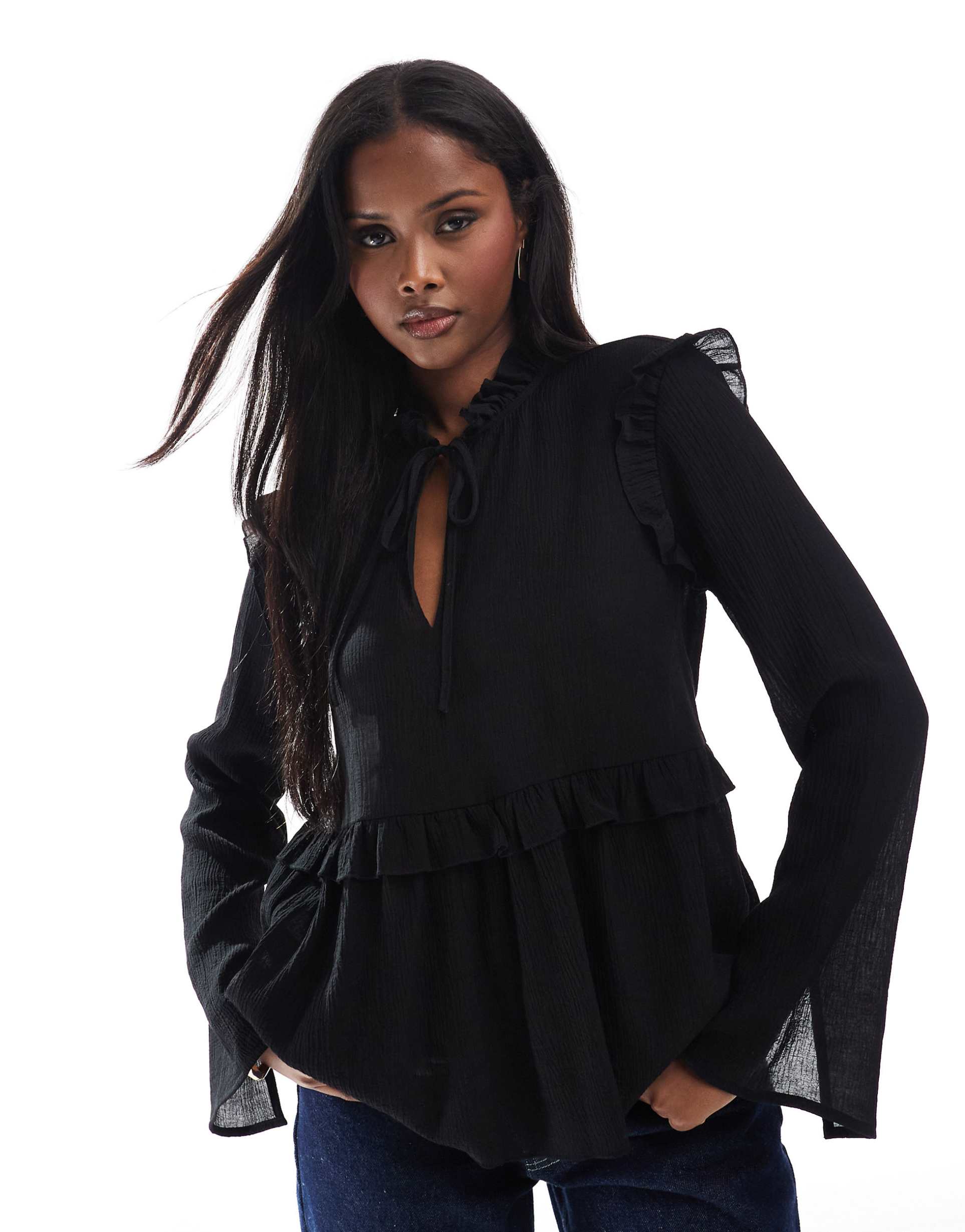 asos design smock top with tie neck and frill detail in black