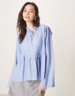 ASOS DESIGN ASOS DESIGN smock top with tie neck and frill detail in blue