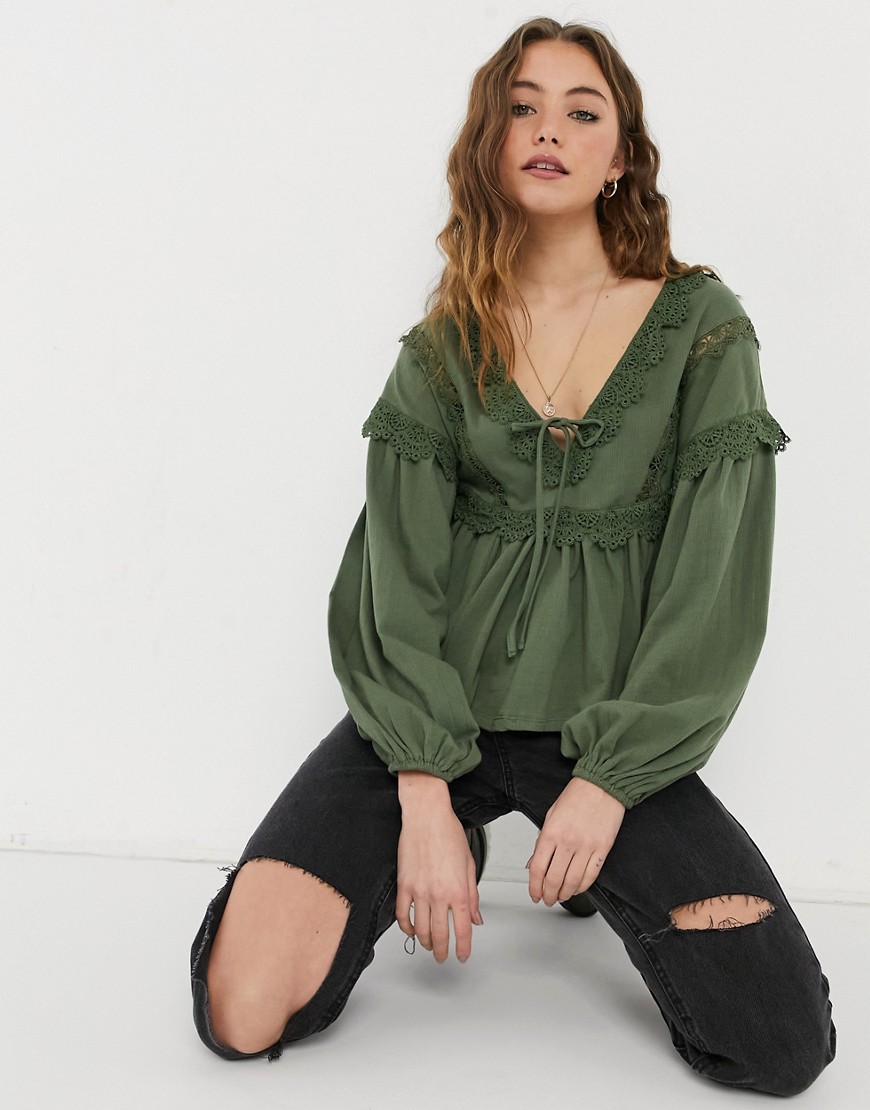 ASOS DESIGN smock top with V-neck and lace trim detail in khaki green-Neutral