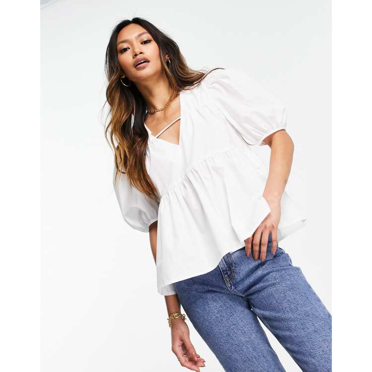 ASOS DESIGN smock top with v neck in white