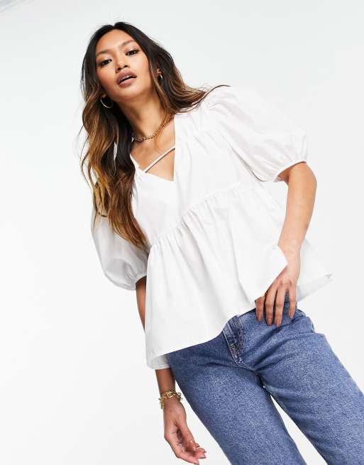 ASOS DESIGN smock top with v neck in white | ASOS