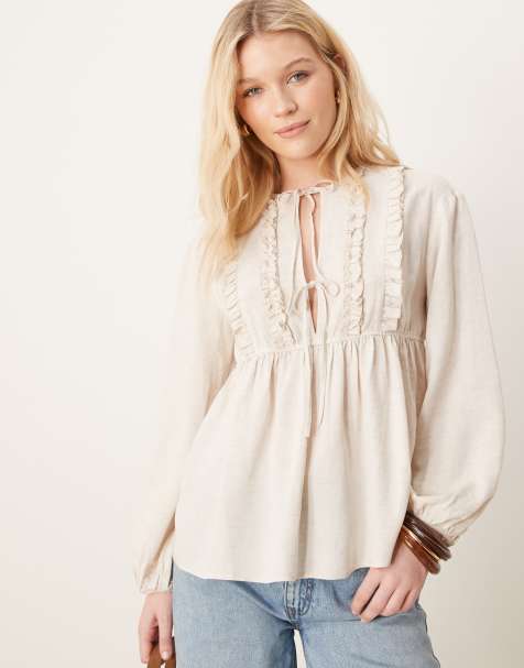ASOS DESIGN smock with ruffle detail and tie neck in natural - view 1