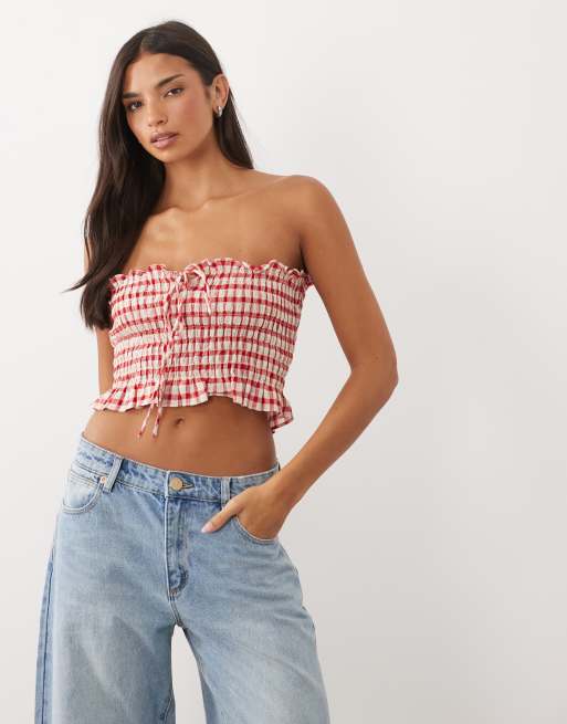 ASOS DESIGN smockad bandeau-top i röd gingham, del av set, 3 av 4